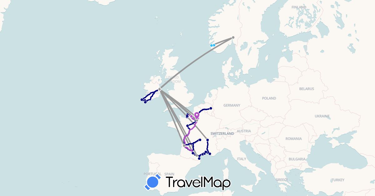 TravelMap itinerary: driving, plane, train, boat in Belgium, France, Ireland, Norway (Europe)